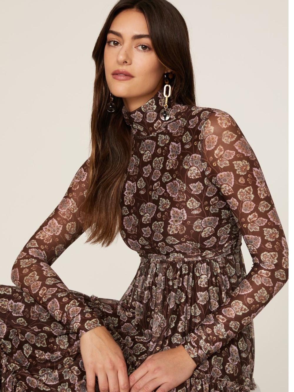 Cinq a Sept Kourt Pleated Long Sleeve Brown Leaf Mesh Dress size 6
